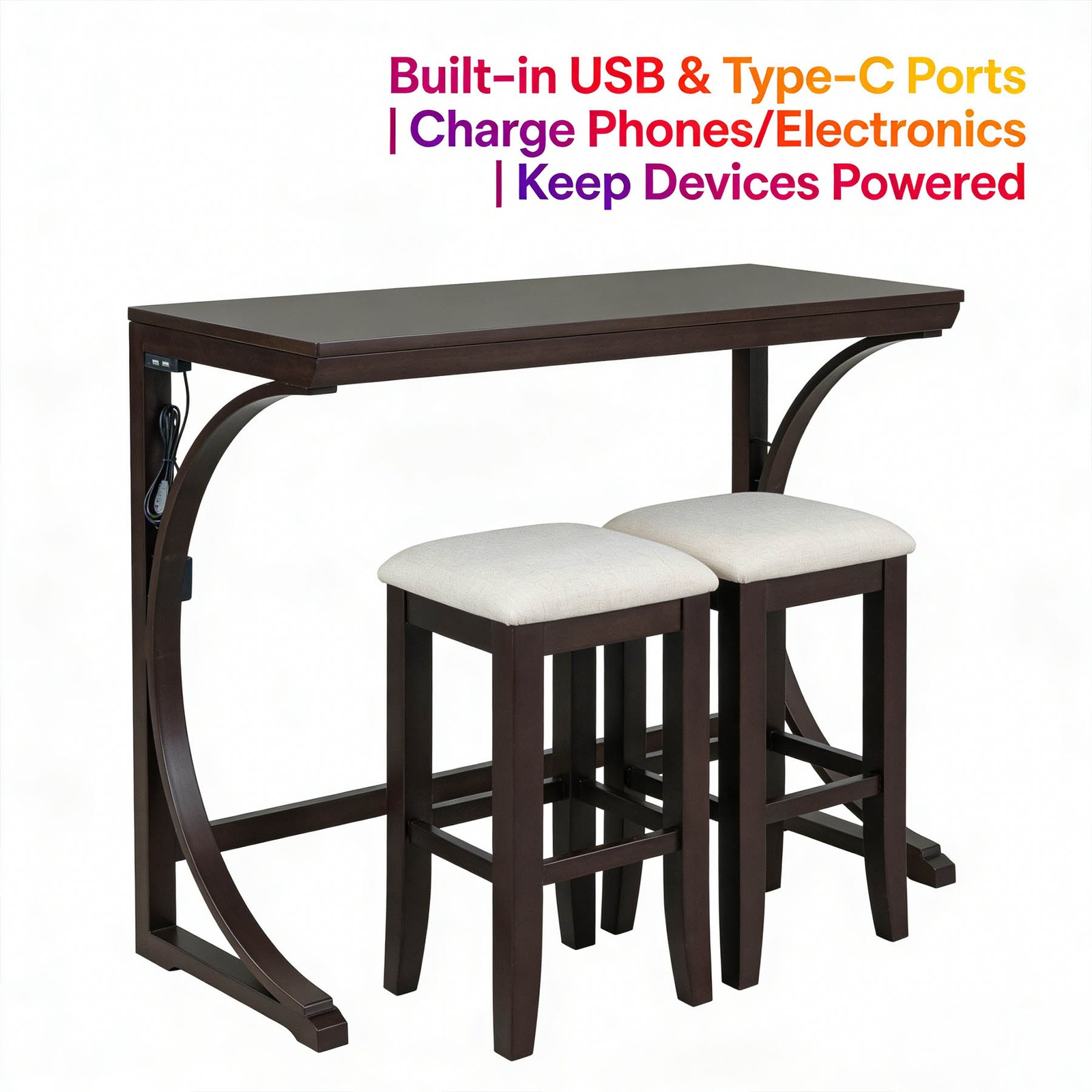 Dining Table with USB Ports and Padded Stool, Open Design