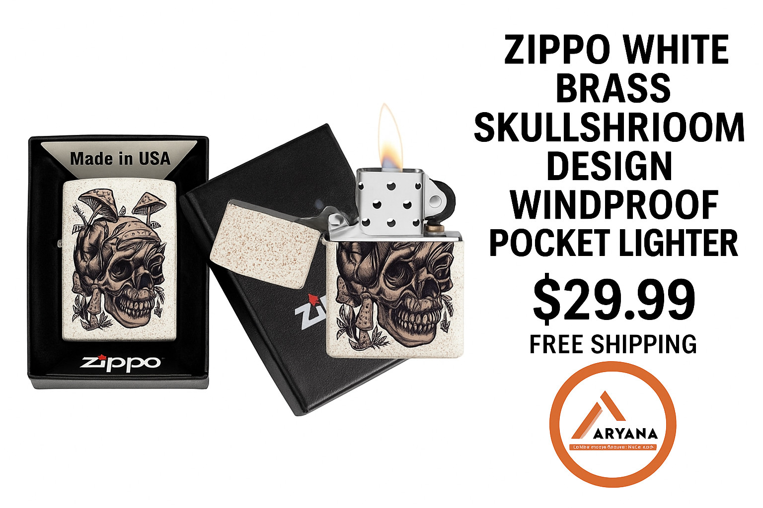 ZIPPO White Brass Skullshroom Design Windproof Pocket Lighter – Limited Edition