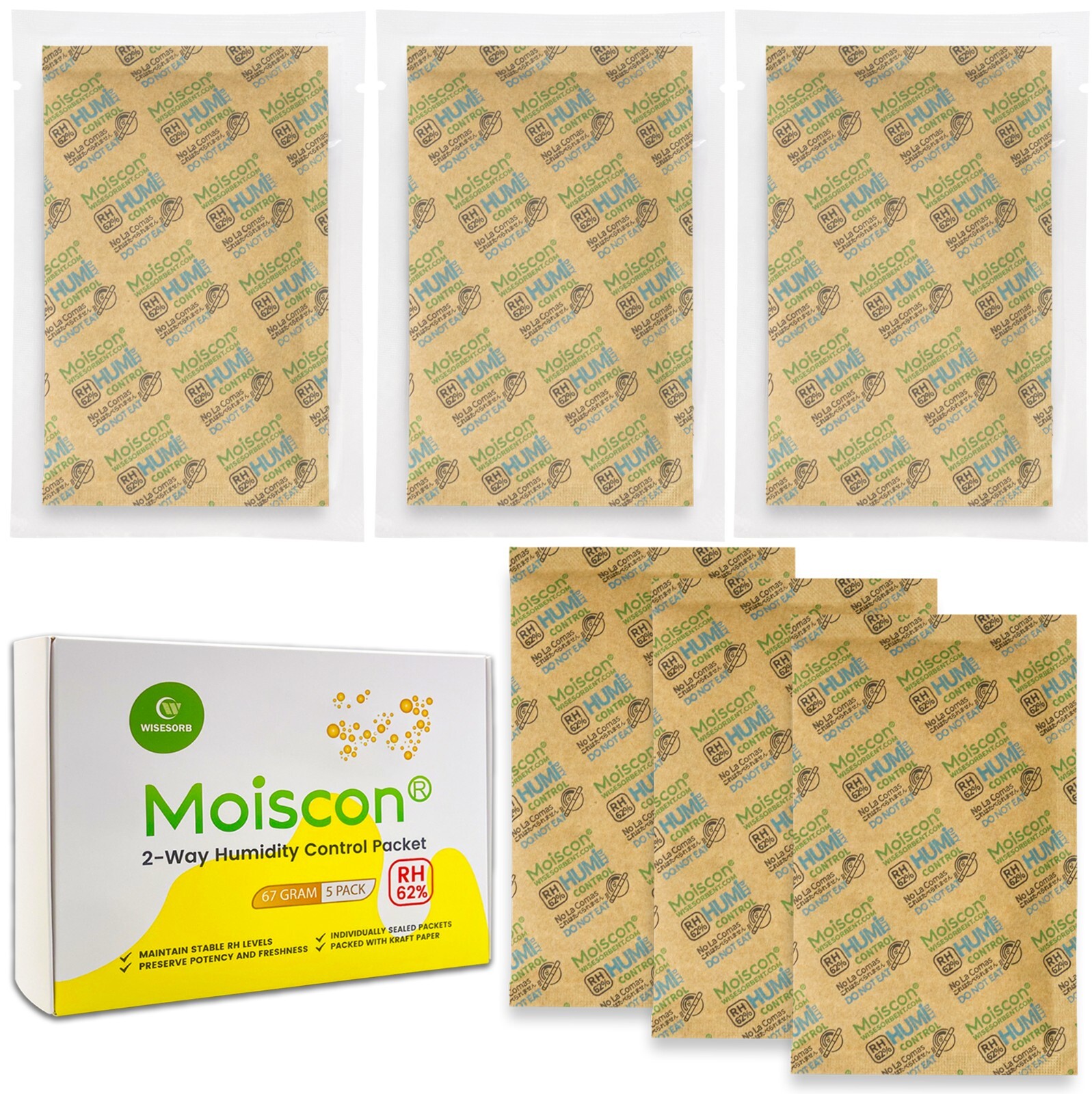 62% RH 67 Gram 2-Way Humidity Control Packs for Storing 1lb Individually Wrapped