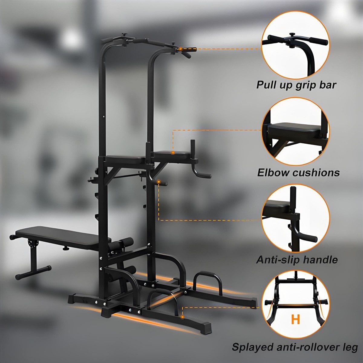 Power Tower with Bench- 7 Adjustable Height Pull Up Bar & Dip Station