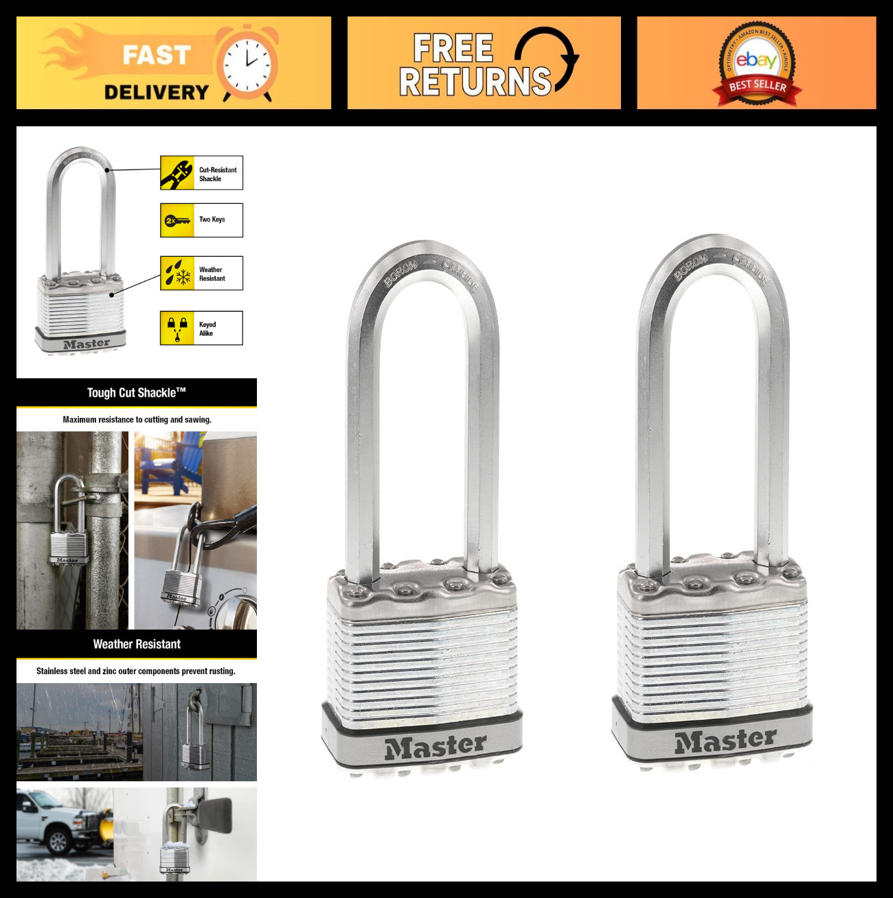 Heavy Duty Outdoor Padlock, 2 Pack Keyed-Alike, Weather Resistant Security Lock