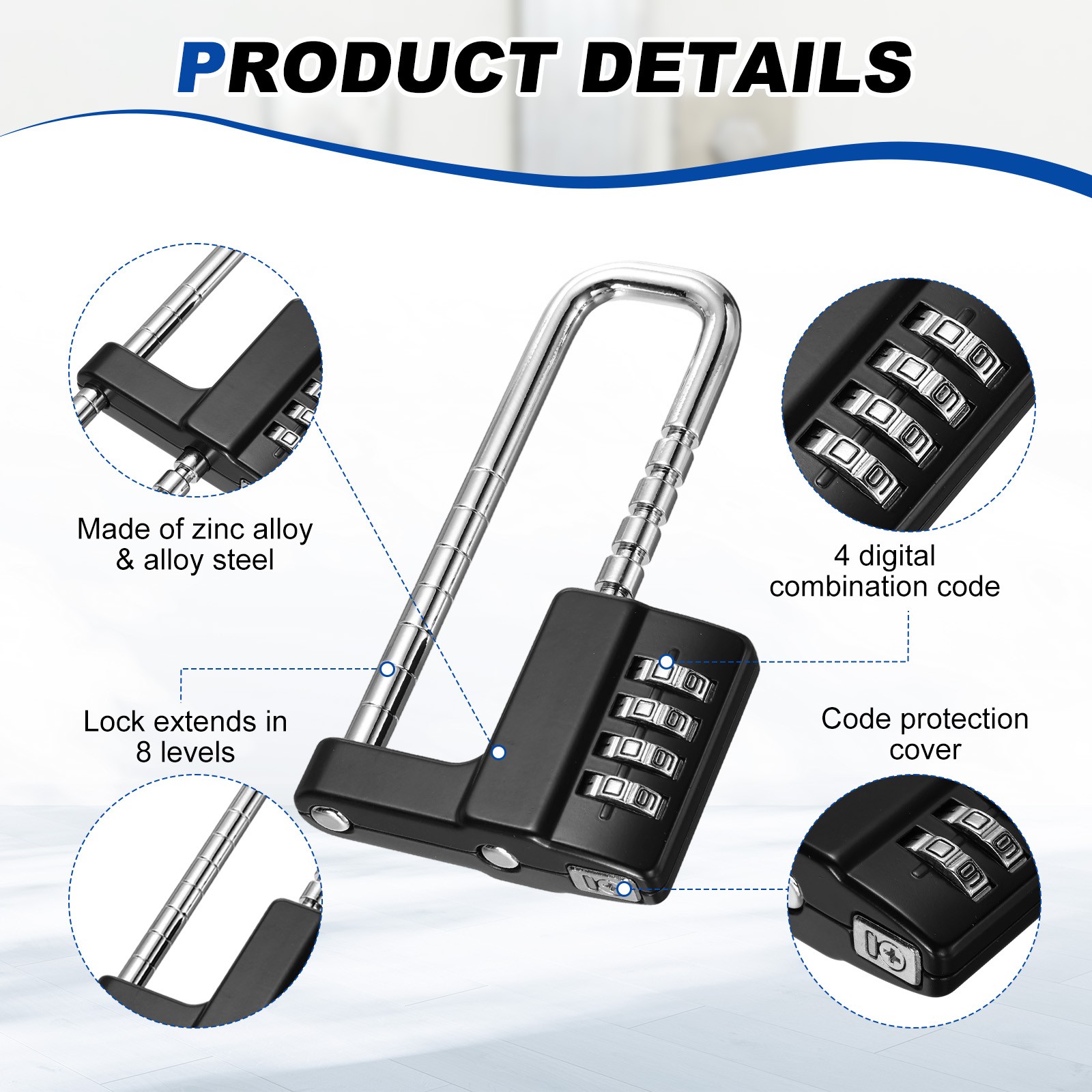 4 Digit Combination Padlock, (4.6 Inch, Black), Cabinet Lock Adjustable