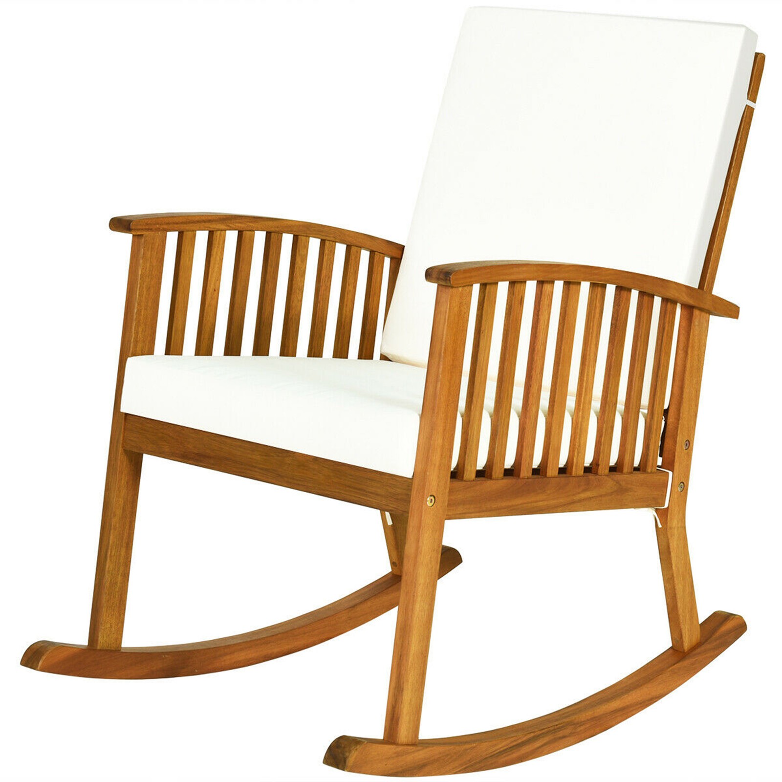 2PCS Patio Rocking Chair Set Round Table Solid Wood Cushioned Sofa Garden Deck