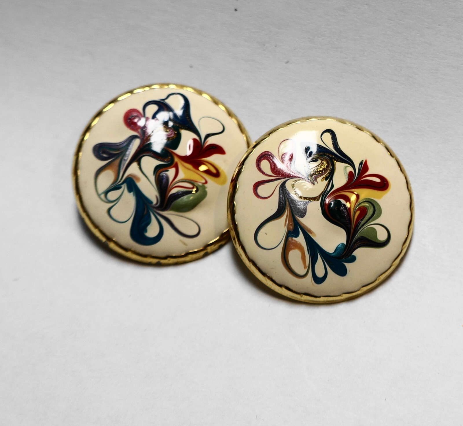 Cream Multicolor Abstract Swirl Clip Earrings