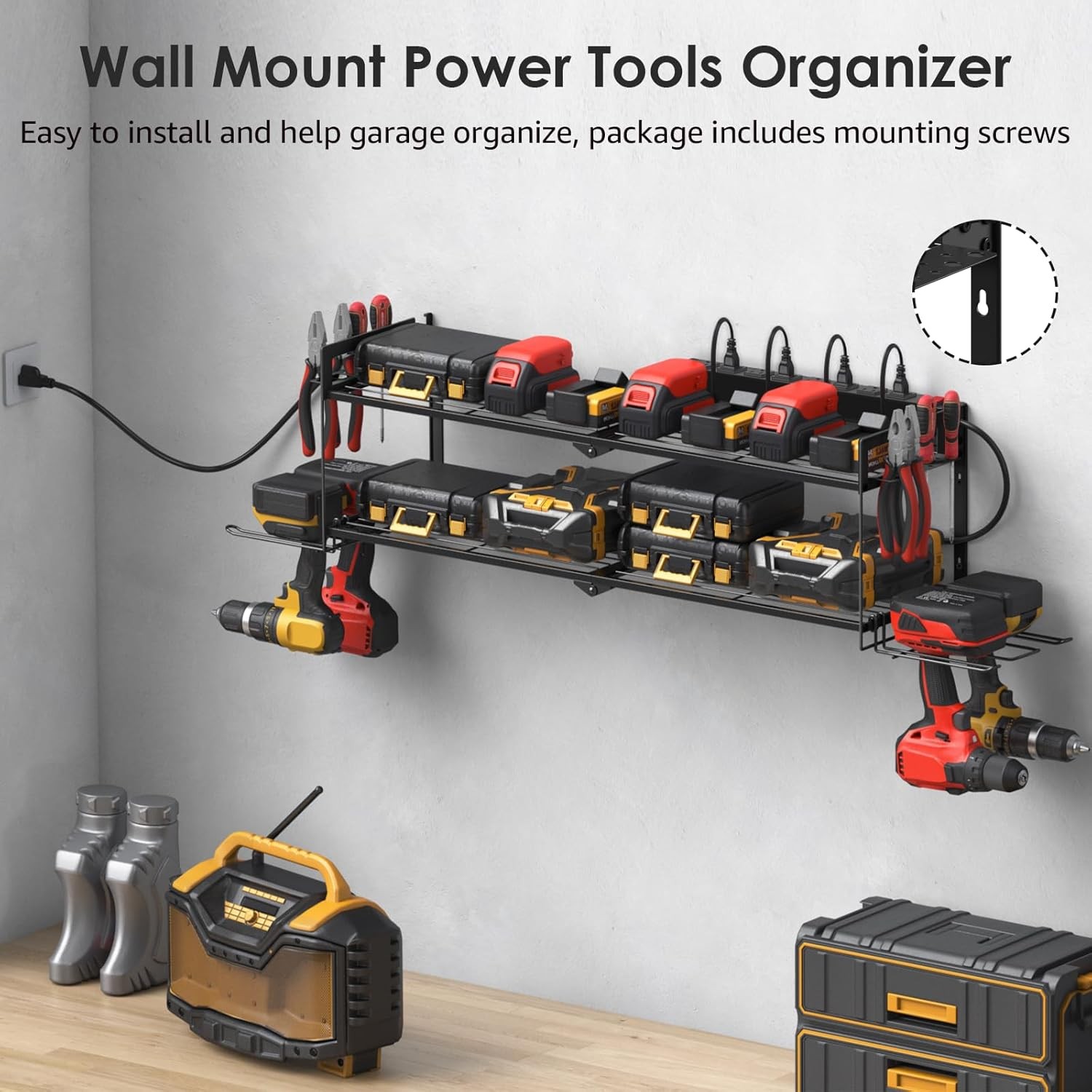 Large Garage Tools Storage with Charging Station. Power Tool Battery