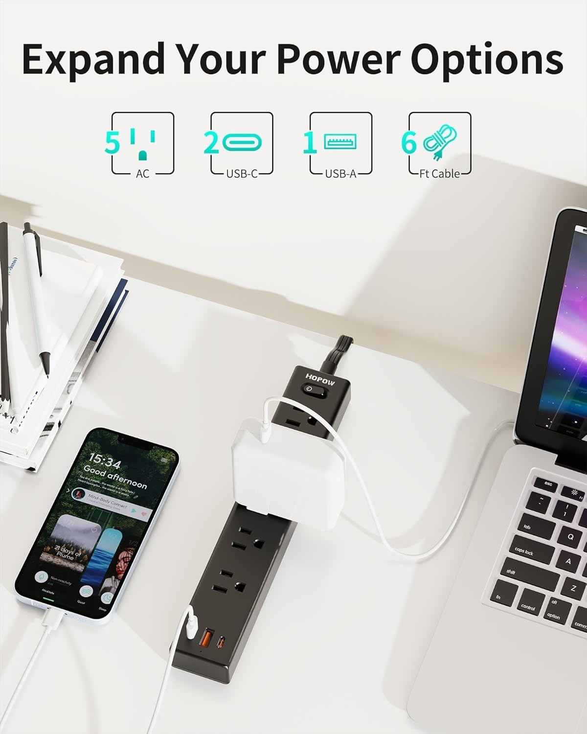 Slim 6 Ft Flat Plug Power Strip with 5 Outlets & 3 USB Ports - Surge Protected