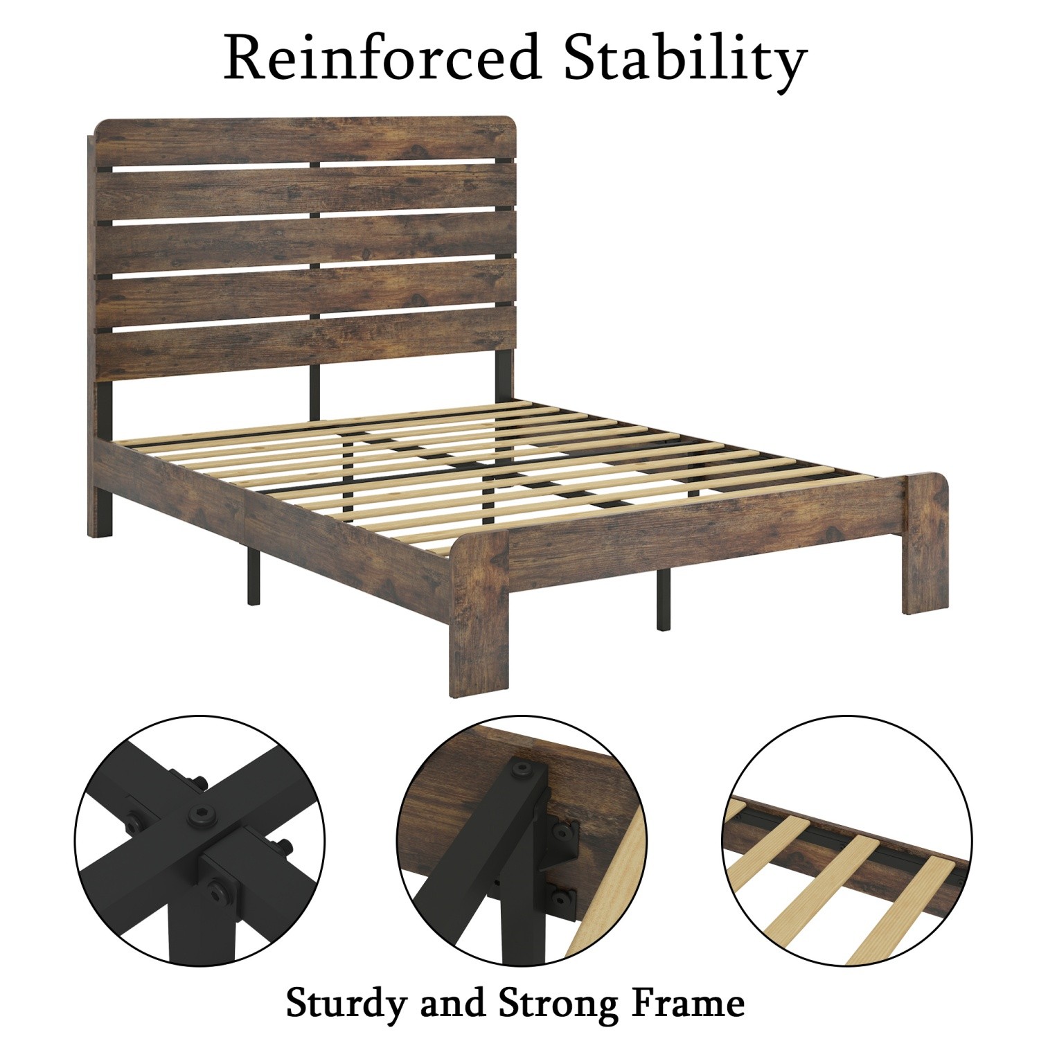 King Size Wood Platform Bed Frame w/ Headboard No Box Spring Needed Dark Brown
