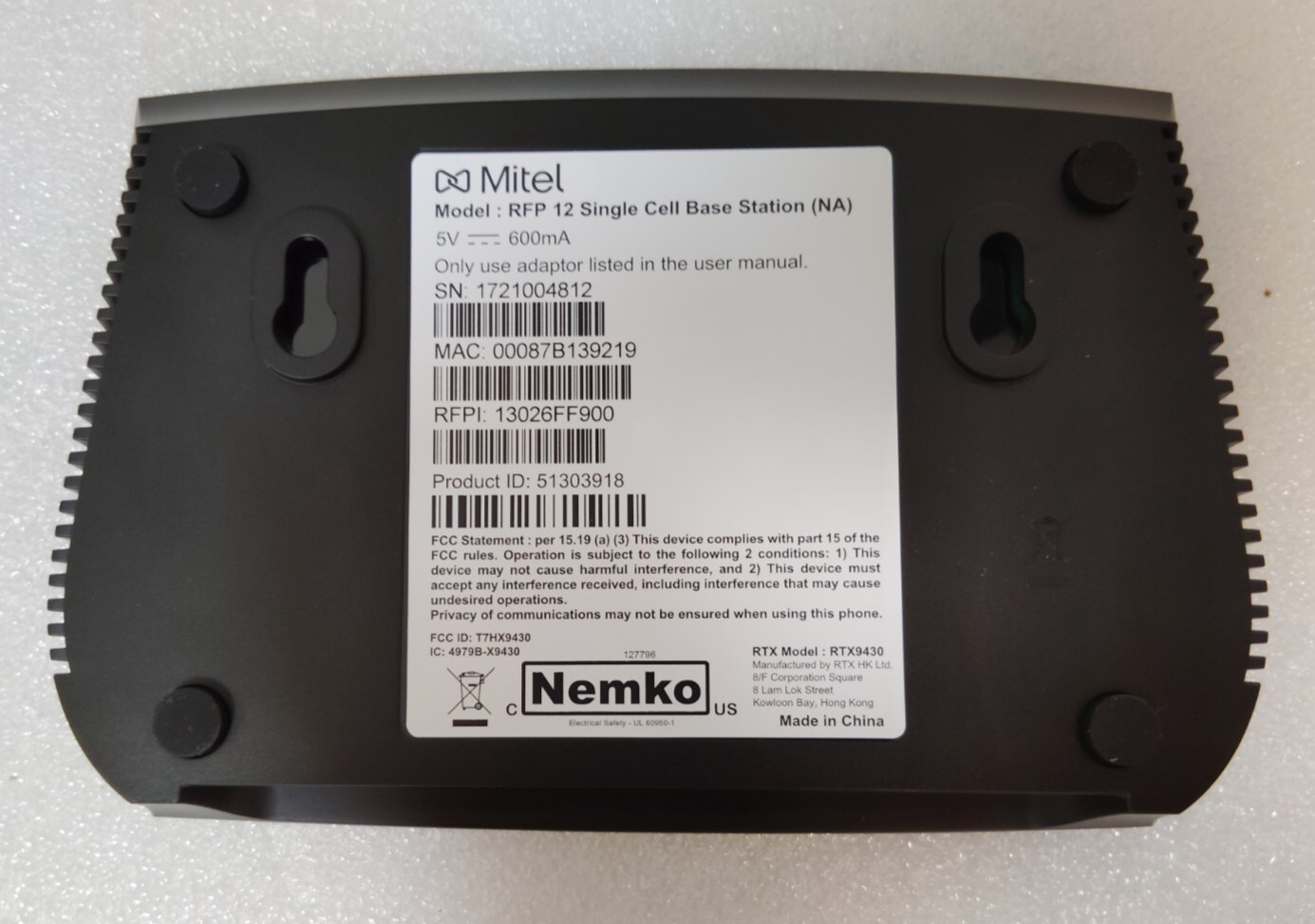 Mitel RFP 12 Single Cell Base Station 51303911
