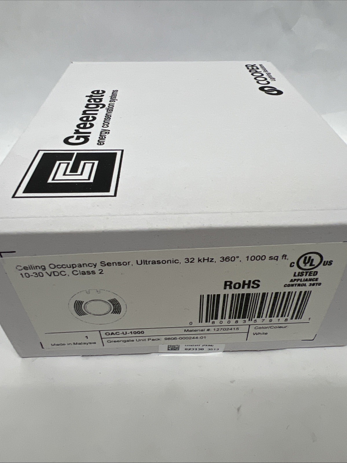 COOPER GREENGATE OAC-U-1000 CEILING OCCUPANCY SENSOR ULTRASONIC 360 DEGREE, WHIT
