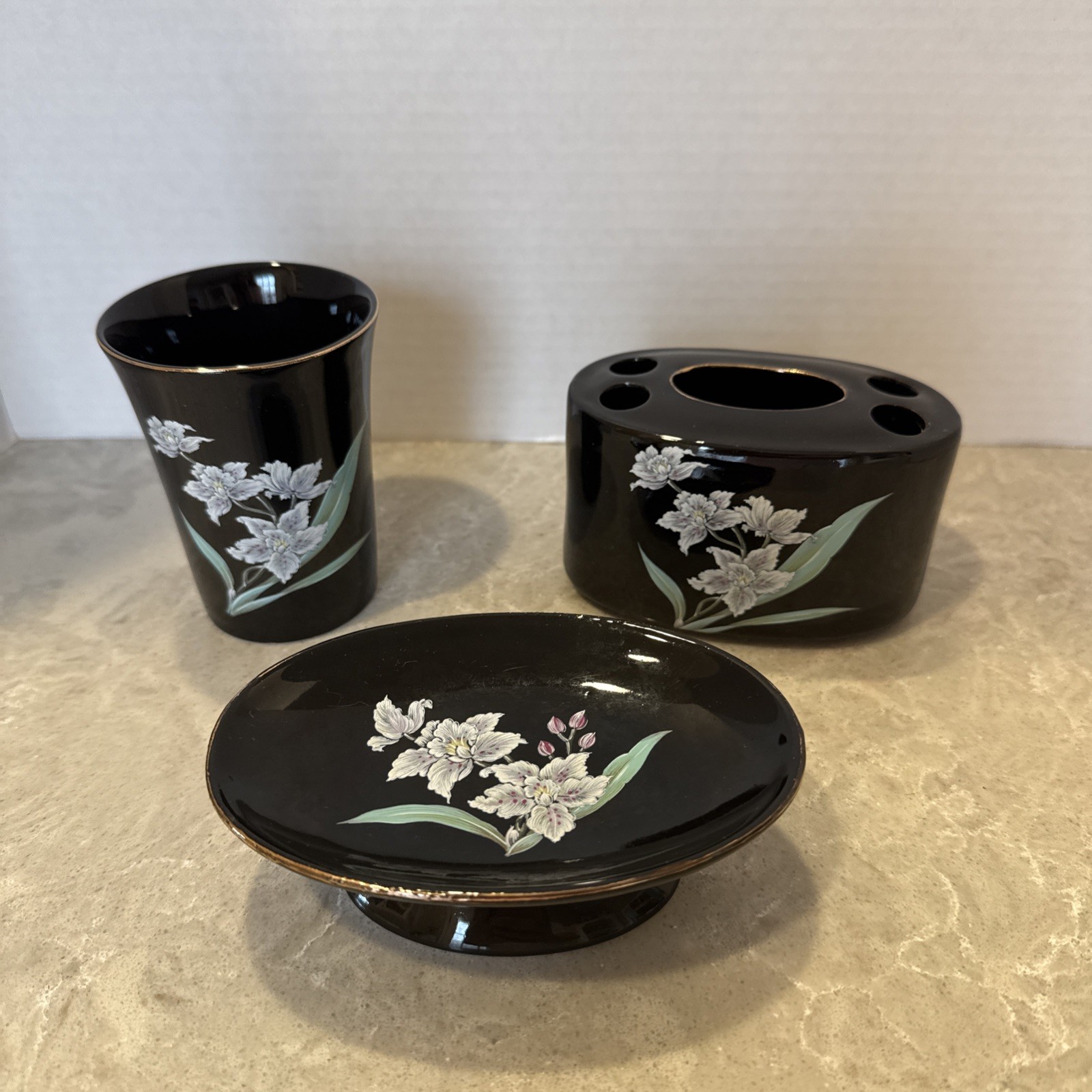 Vintage black  Porcelain Bathroom Set From Otagiri Japan 3 Pieces 1980s