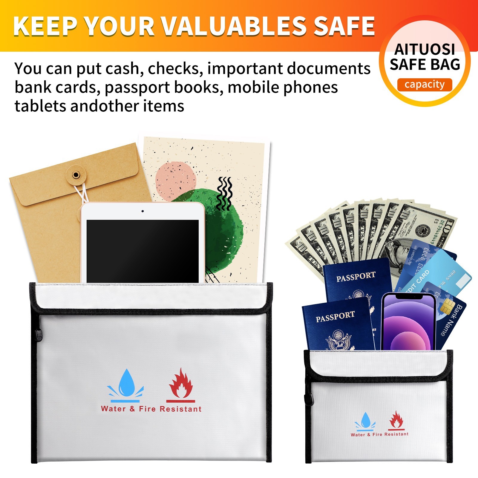 Fireproof Document Cash Storage Bags 2 Pack Waterproof Safe Pouch