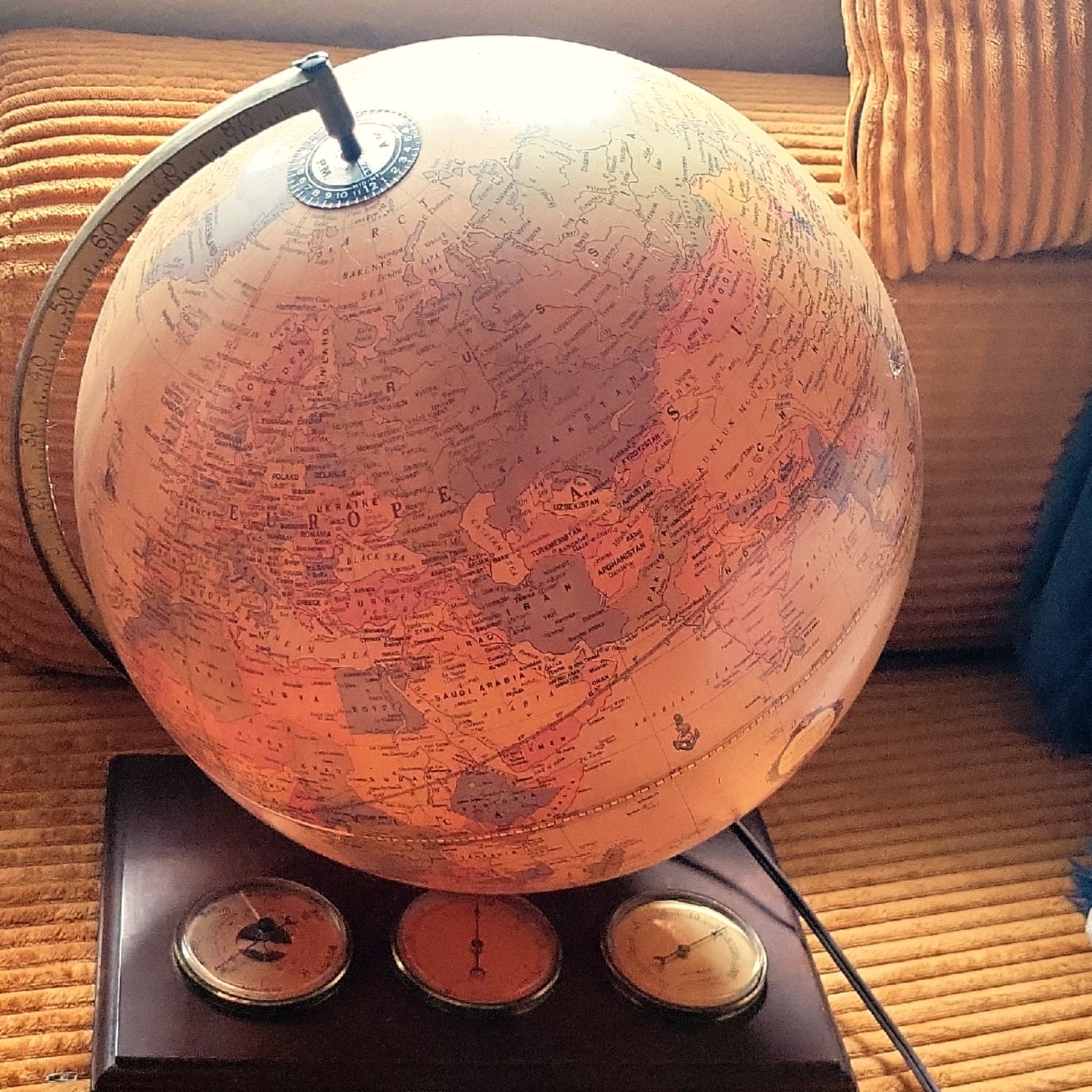 Illuminated Glow Tabletop World Globe w/ Brown Base & 3-Dial Compass/Clock