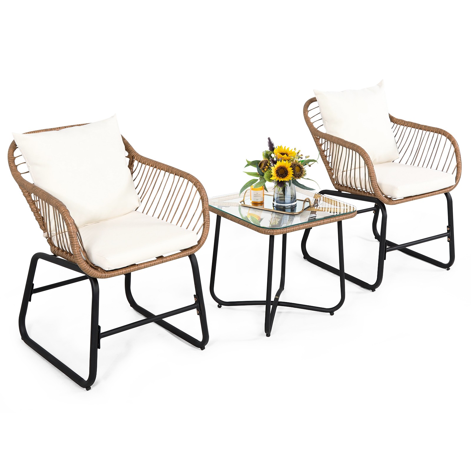 Patiojoy 3PCS Patio Rattan Furniture Set Outdoor Bistro Set w/Washable Cushion