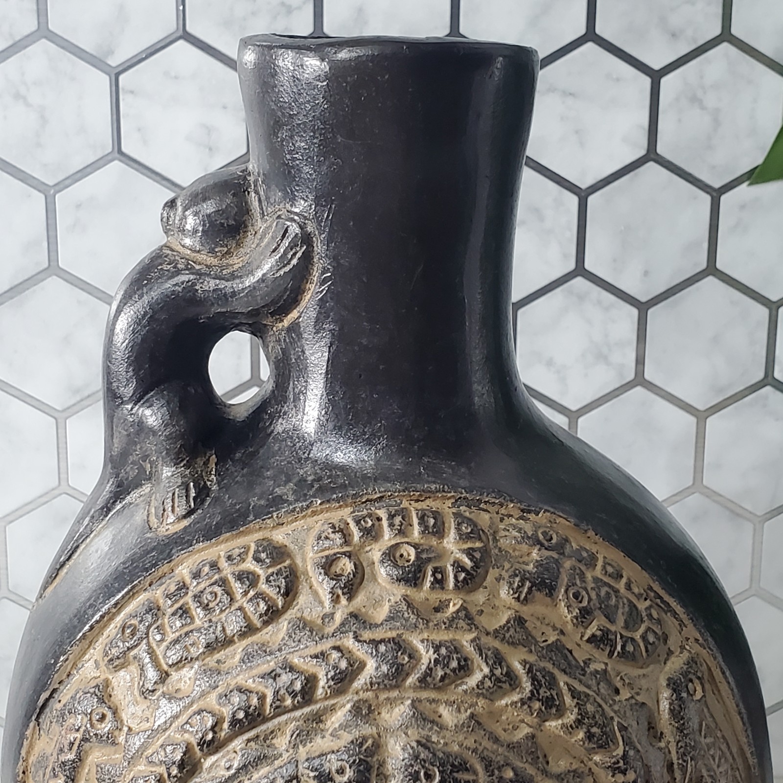 Pre Columbian Chimu Peruvian Blackware Serpent Monkey Vessel Replica