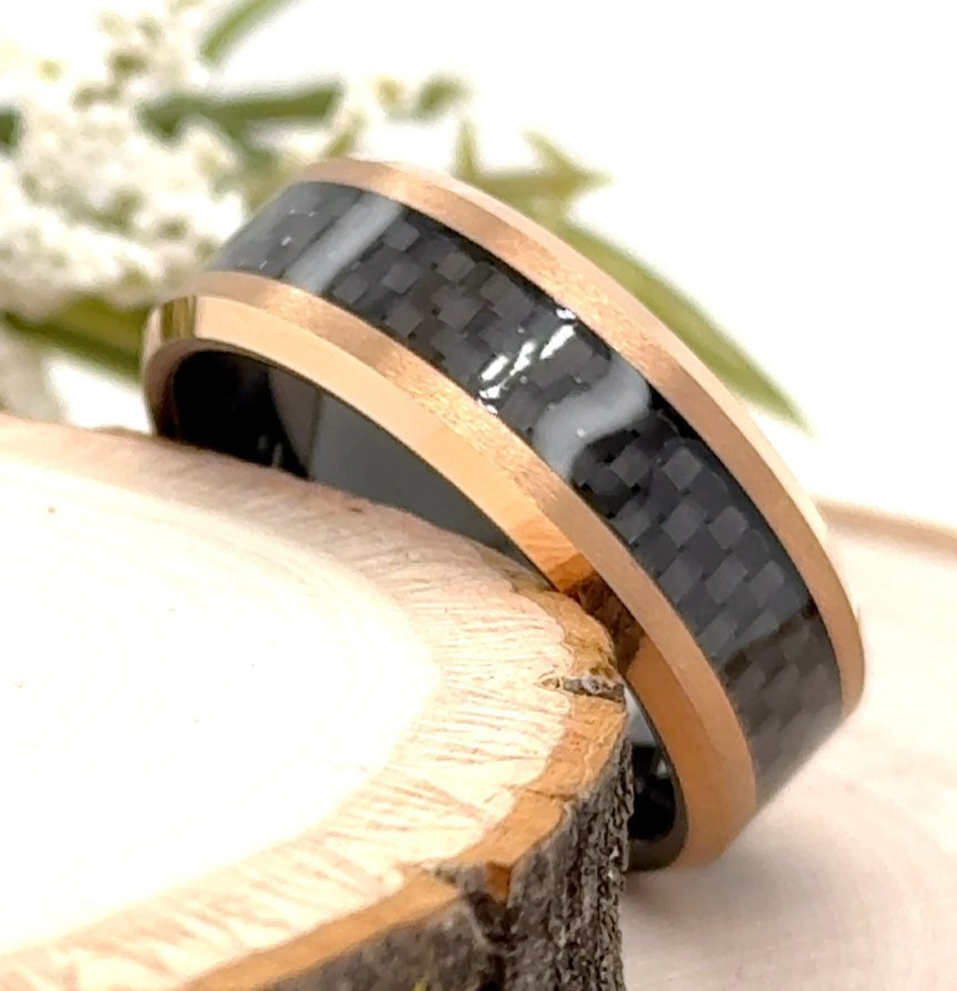 Rose Gold Tungsten Stylish Ring For Christmas Gifts 8mm Black Carbon Fiber Band