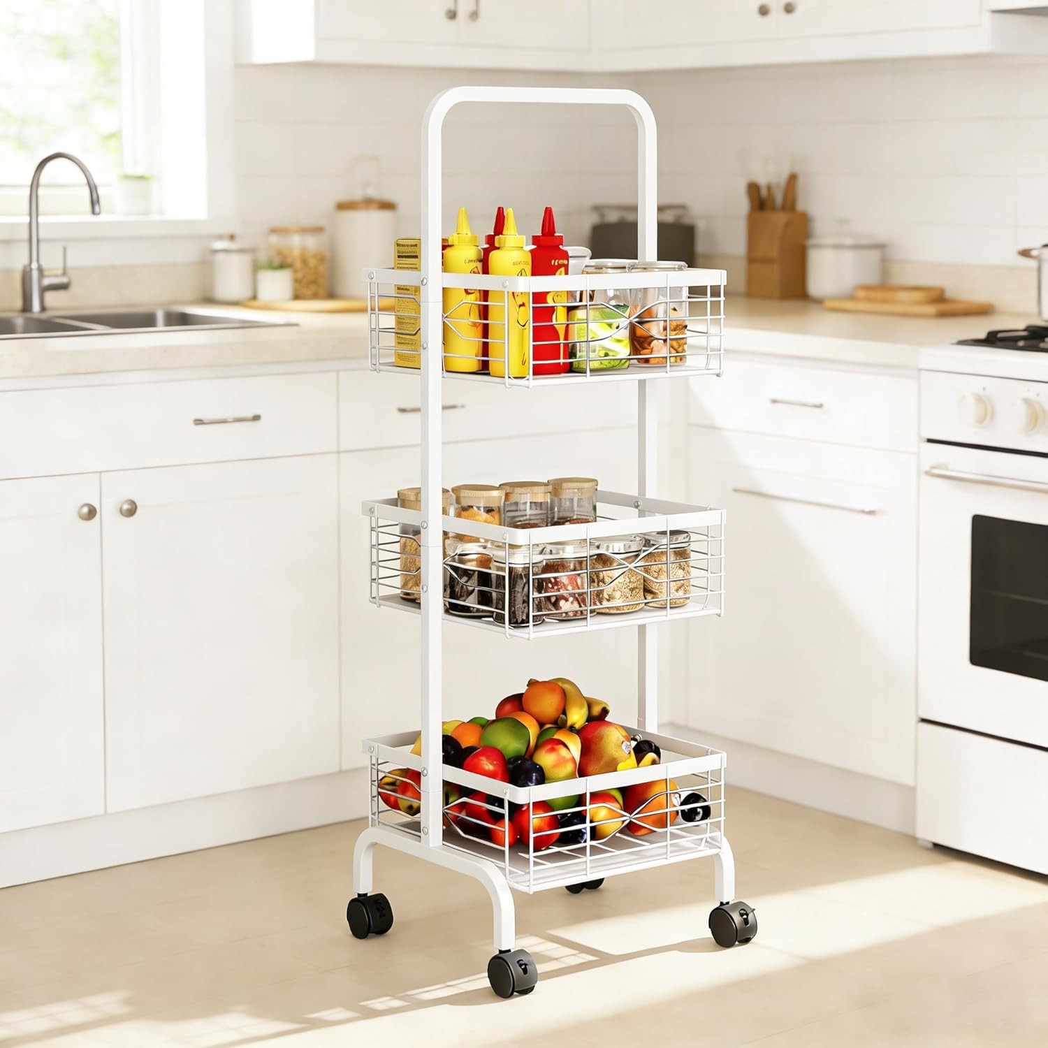 3 Tier Rolling Cart, Heavy Duty Metal Utility Cart with 4 Lockable Wheels & Hand