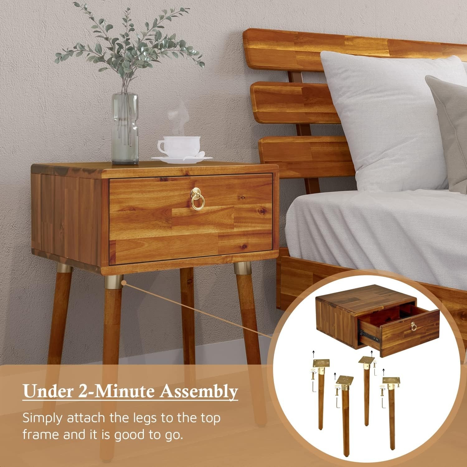 Caden Solid Wood Nightstand/Side Table/End Table Fully Assembled W/ 1-Drawer Mid
