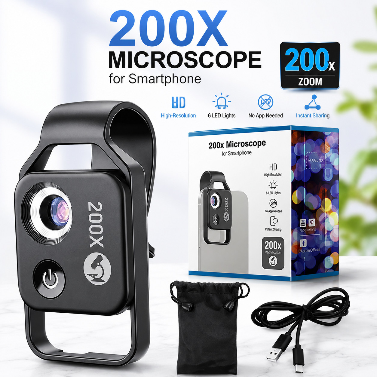 Zoom 200X Microscope Lens for Phone iPhone Android with LED CPL Universal Clip