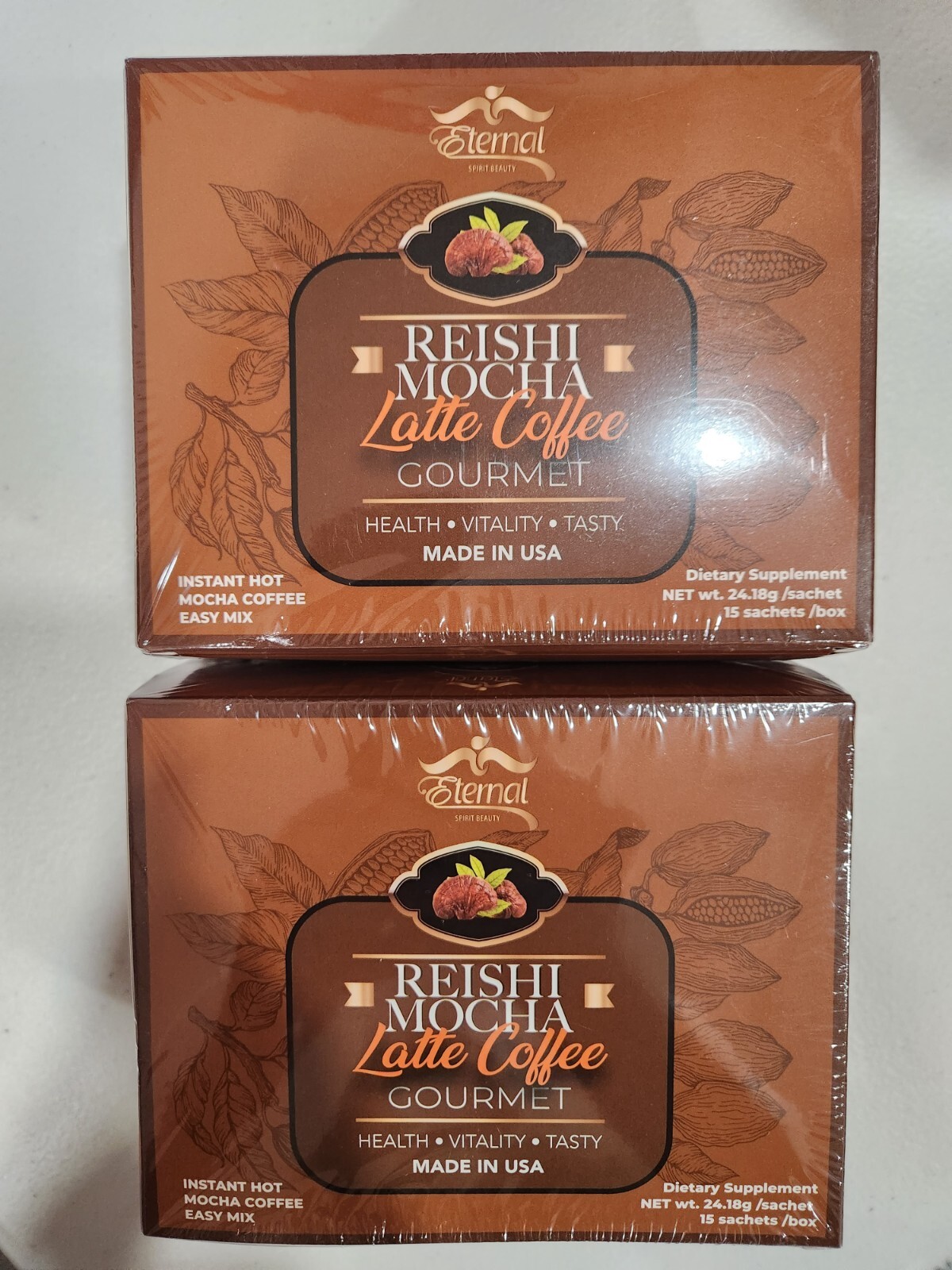 2 PACK ETERNAL REISHI MOCHA LATTE COFFE GOURMET 15 SACHETS 07/25 MADE USA SEALED
