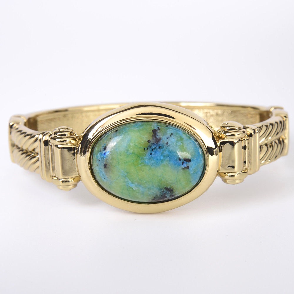 Women Fashion Green Chrysocolla Oval Gold Tone Bangle Bracelet 7" FREE SHIPPING