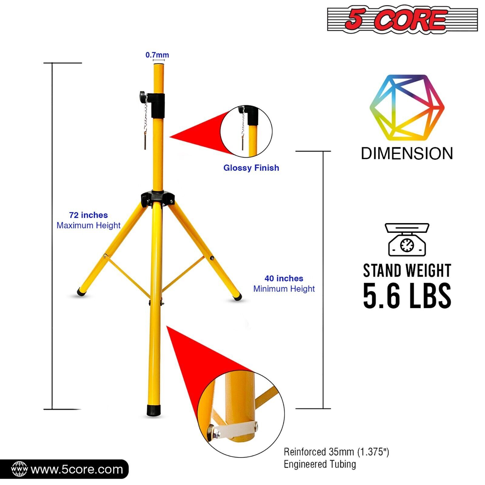 5Core Speaker Stand Tripod Tall Adjustable 72 Inch DJ Studio Monitor Pair Stands
