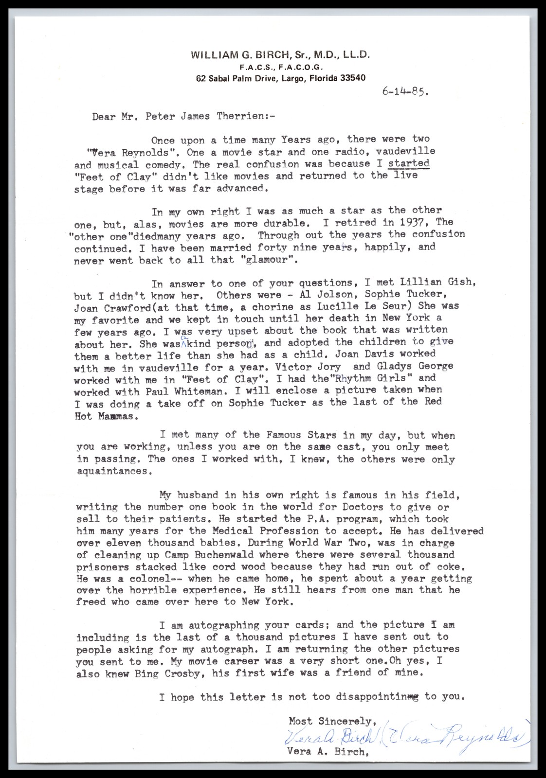 Vera Reynolds - Typed Letter - Signed | Autograph 1985