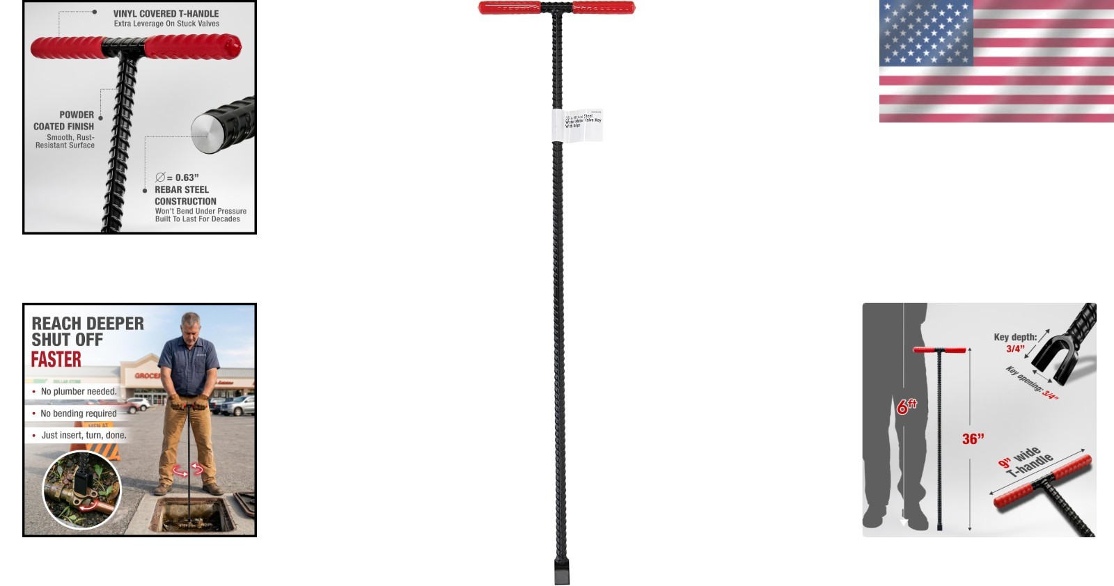 36" Water Meter Key - Steel T-Handle Tool