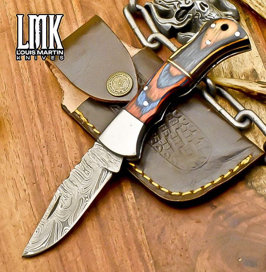 LMK Forged Twist Damascus Folding Knife Hard Wood Back Lock Fishing Bushcraft