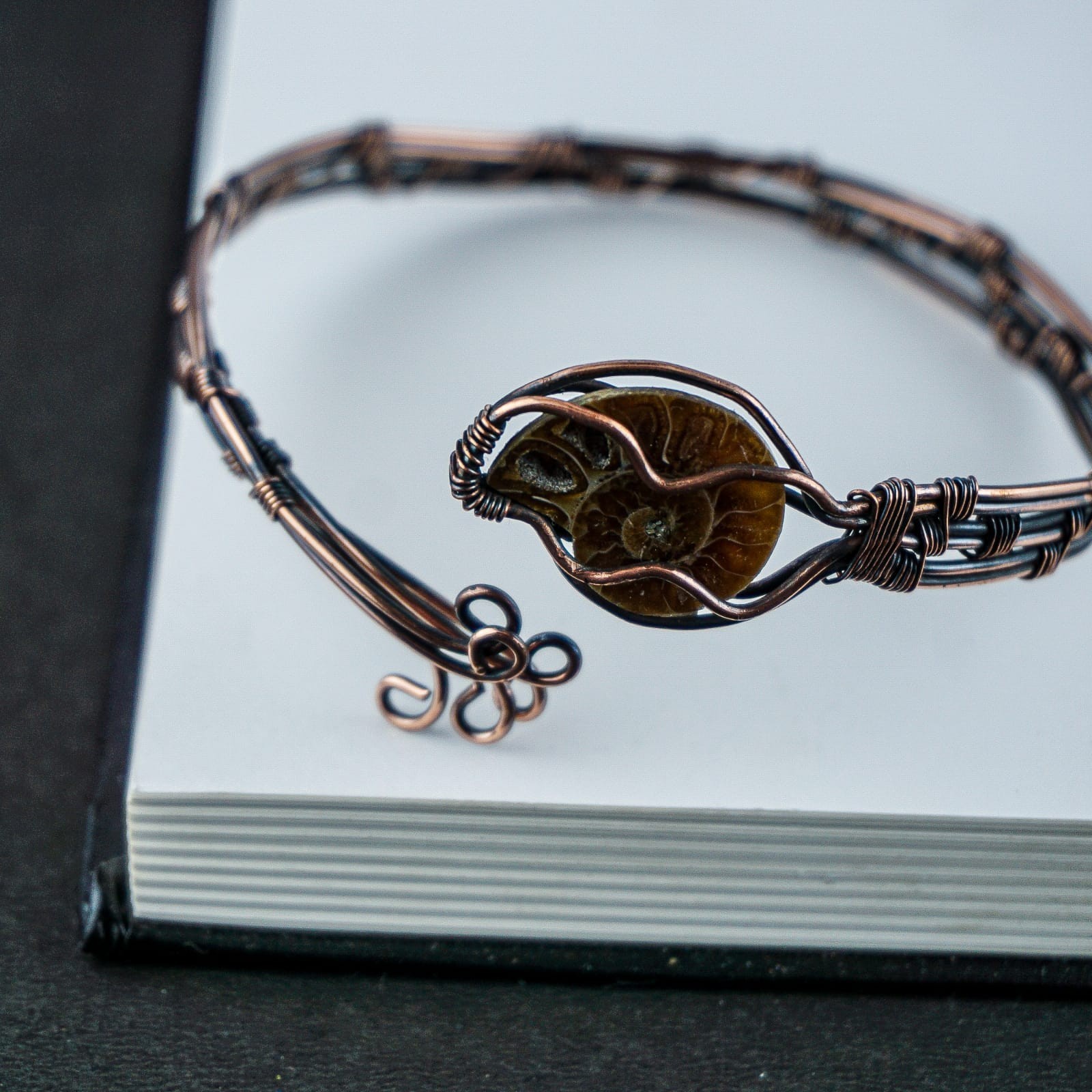 Ammonite Fossil Copper Wire Wrapped Cuff Bracelet Handmade Boho Artisan Bangle