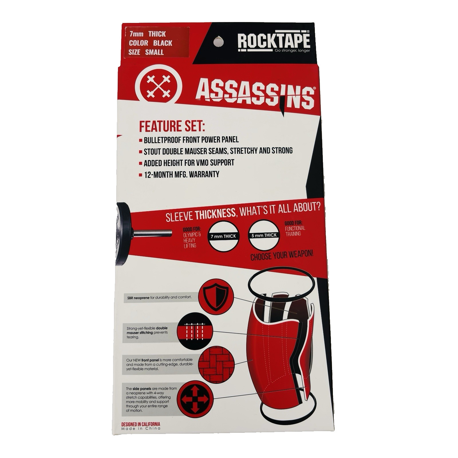 NEW Small RockTape Assassins Compression Knee Support Sleeves 7mm Thick Black