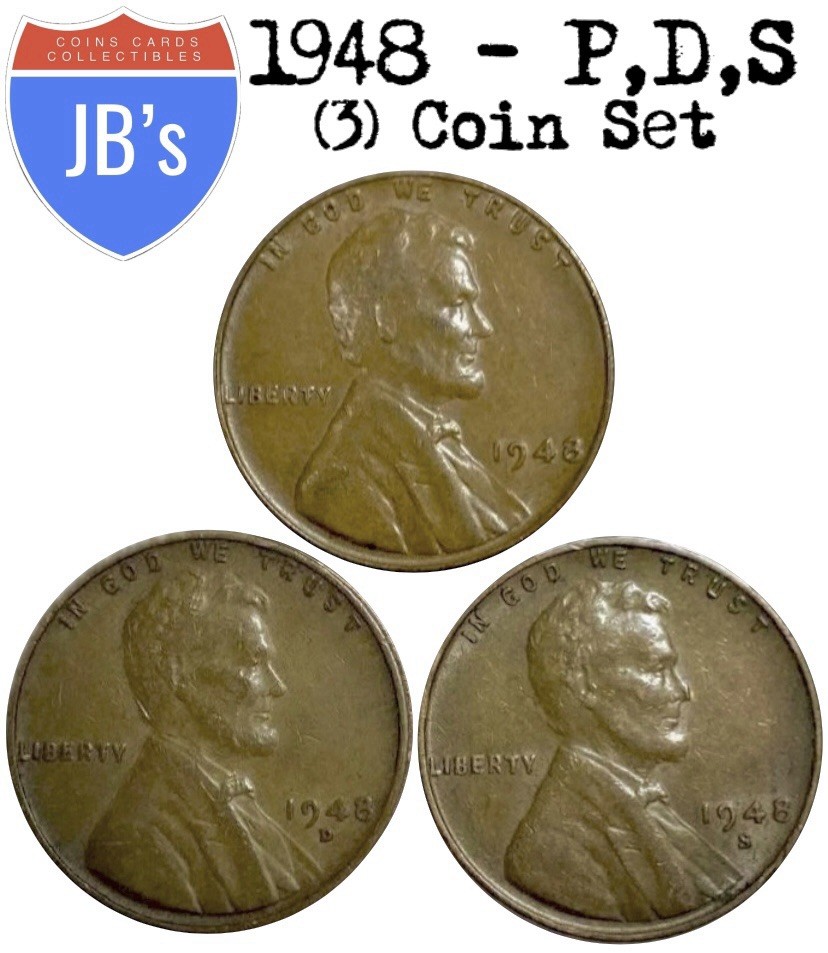 1948 P D S Lincoln Wheat Cent Penny 1c (3) Coin Set - Circulated (G/VG)