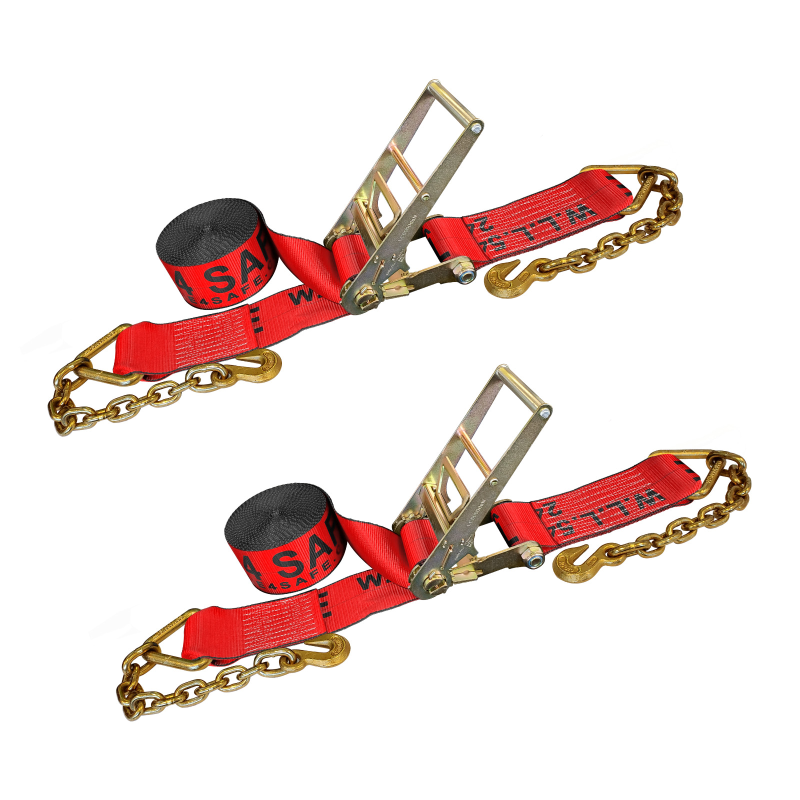 2 Pack USA 4" x 30' Ratchet Strap W/ Chain Extension Flatbed Truck Tie Down Red