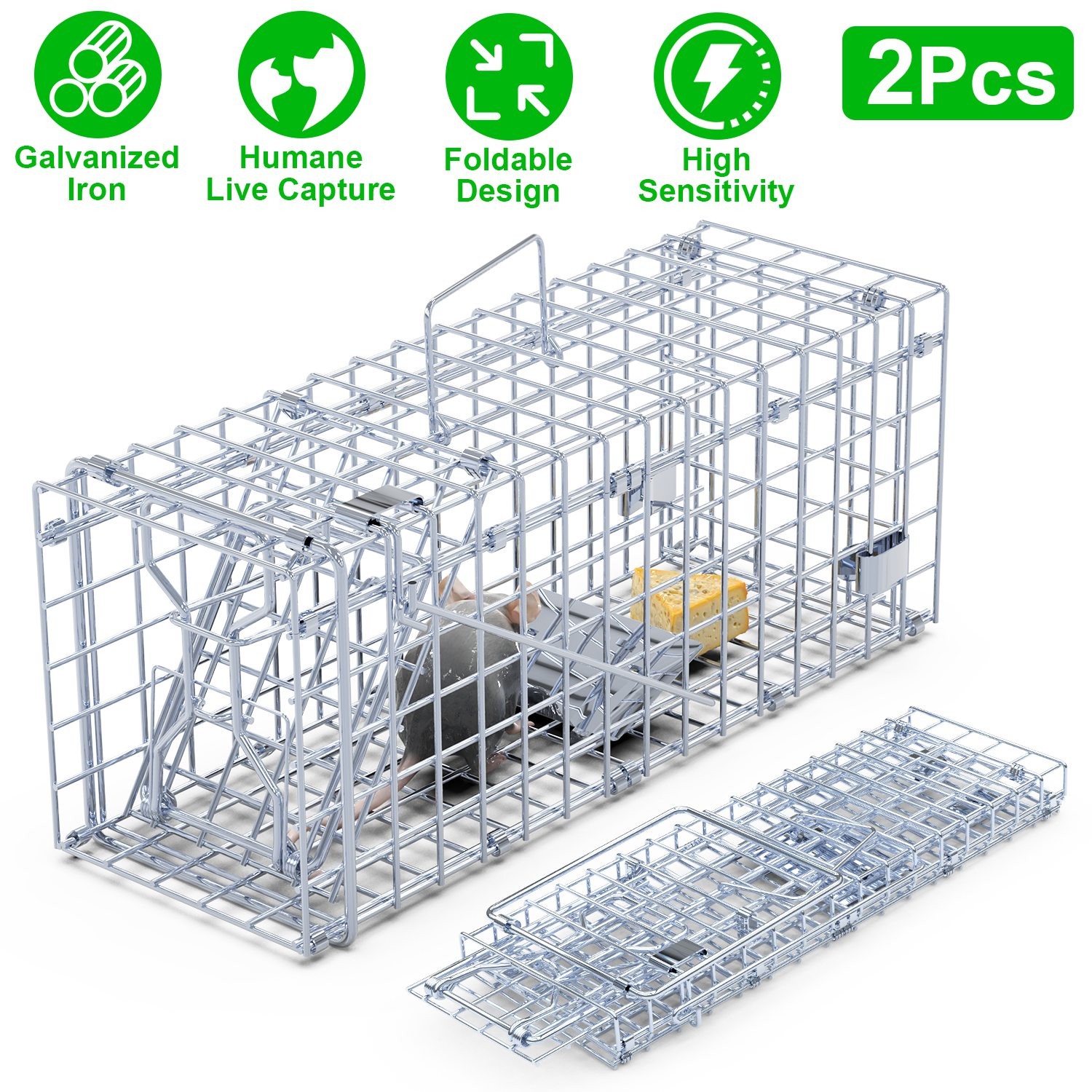 2-Pack Humane Rat Trap Cage - Foldable Live Mouse Traps for Indoor/Outdoor Use