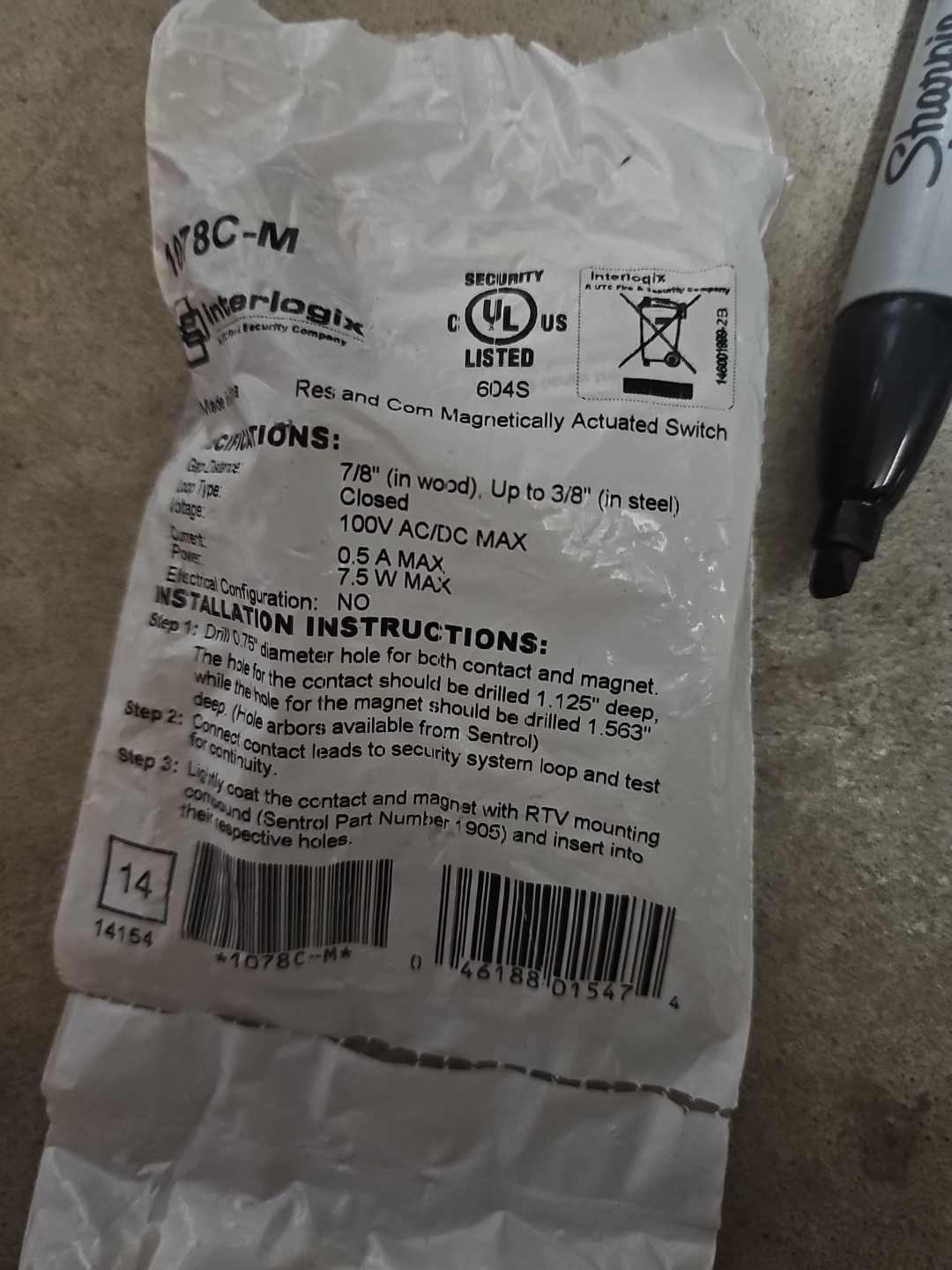 Interlogix 1078C-M Recessed Steel Door Contact,  Wire Leads, New, Factory #213
