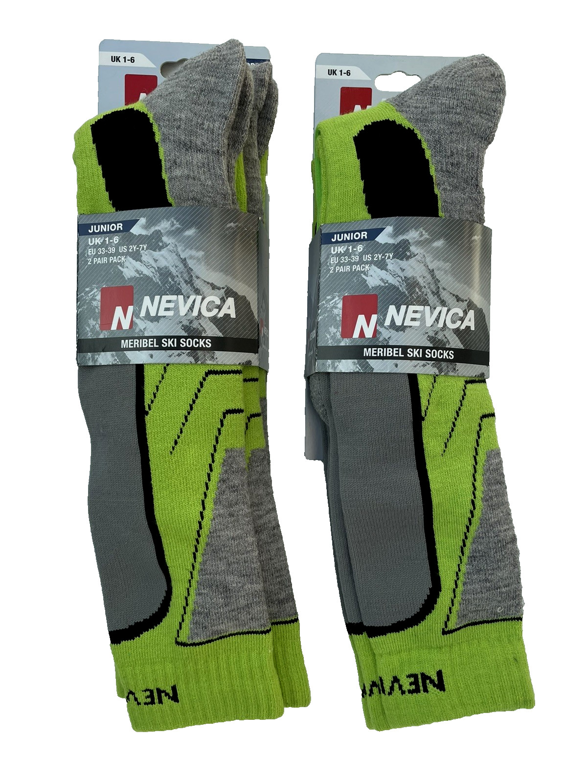 JUNIOR NEVICA MERIBEL 4PK SKI SOCKS GREEN SIZE 1-6 BREATHABLE-SHIN PROTECTION