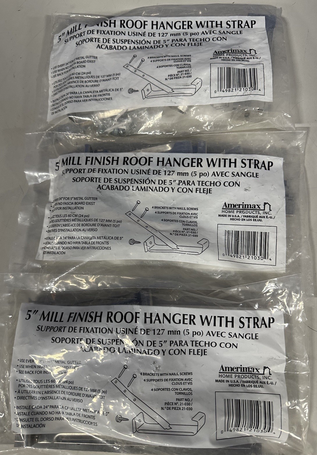 3 TOTAL PACKS, Amerimax 21030PK Gutter Hanger With Strap, Aluminum, 5 Inch