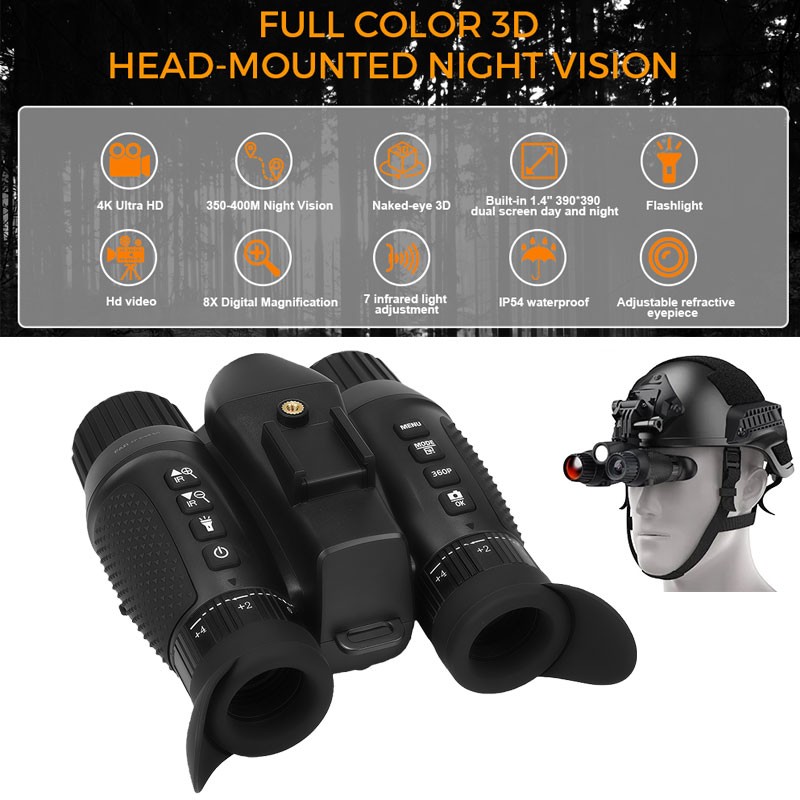 NV8100 4K Naked Eye 3D IR Night Vision Binoculars Head Mount Hunting Flashlight