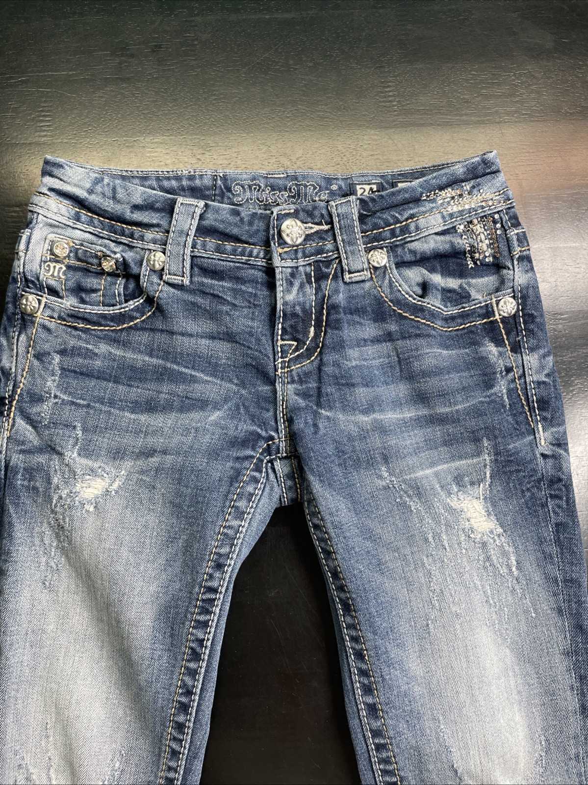 Size 24 Miss Me Distressed Blue Jeans with Embellished Pockets