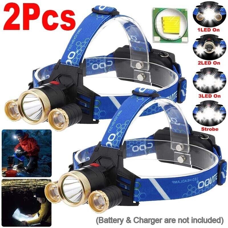 Super Bright 3 LED Zoom Headlamp USB Rechargeable Headlight Head Torch