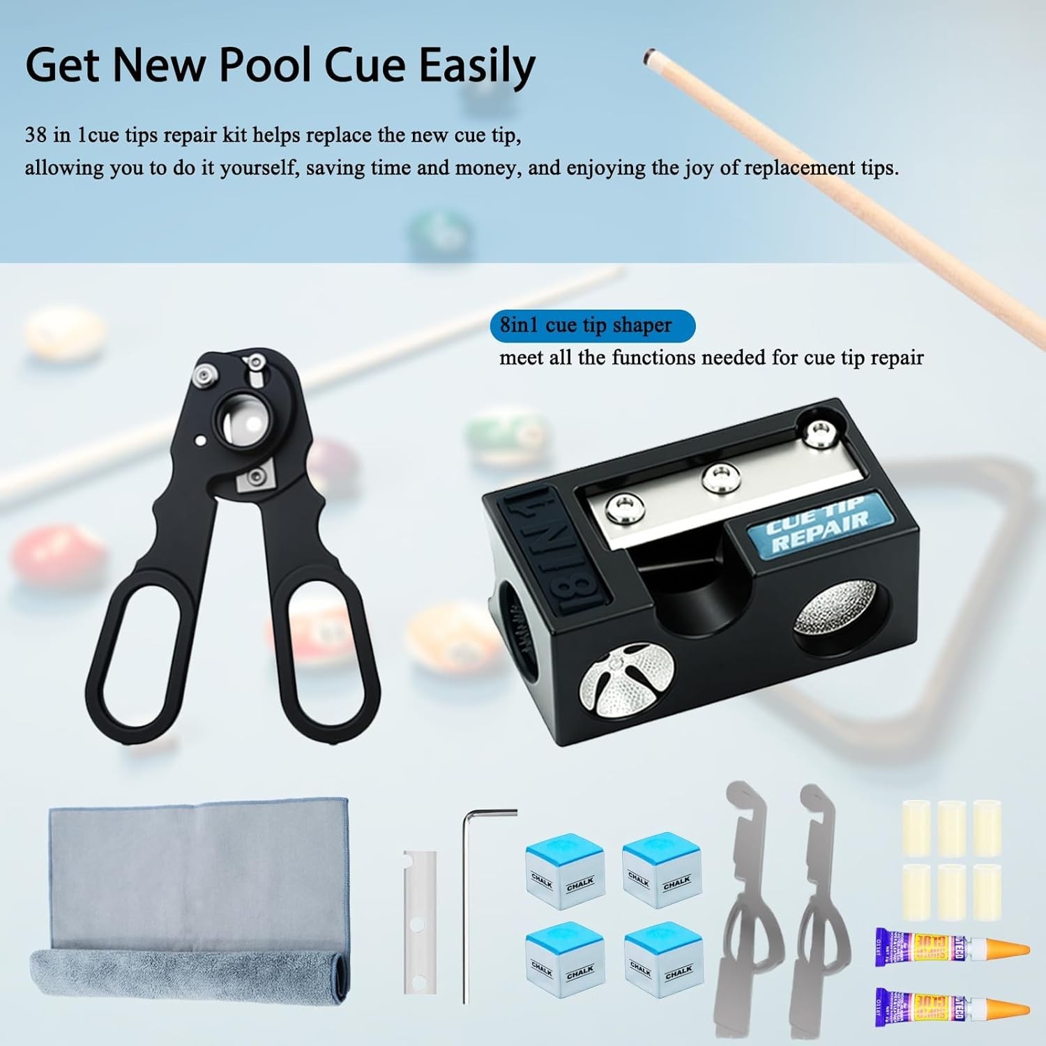 38PCS Pool Cue Tips Replacement Kit, 13mm Pool Stick Tips Replacement Kit Bil...