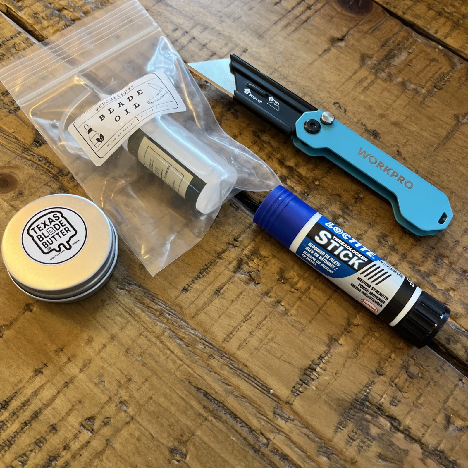 Knife Oil, Blade Butter, Blue Loctite And Workpro Utility Knife