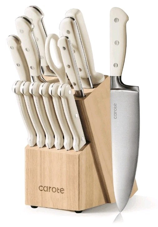 CAROTE 14-Piece Stainless Steel Knives ~ Wooden Block ~ Ergonomic Handle ~ WHITE