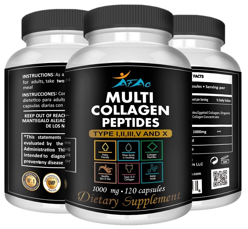 Premium Collagen Peptides Pills Hydrolyzed Anti-Aging (Types I,II,III,V,X) 120 c