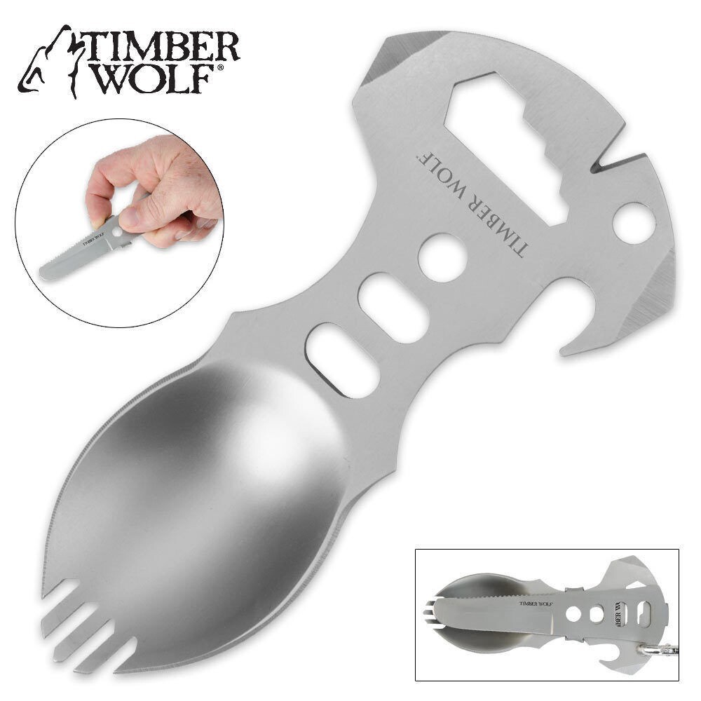 Timber Wolf Camp Tool with Carabiner (TW452) Matte Silver Stainless. Ships Free.