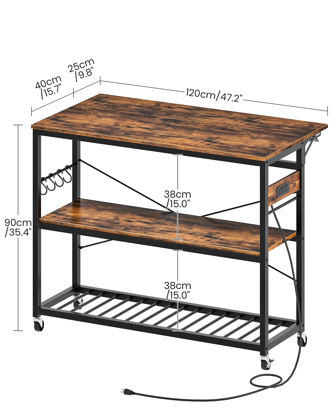 Rustic Kitchen Island with Power Outlet, Folding Top & Wine Rack, Large Size