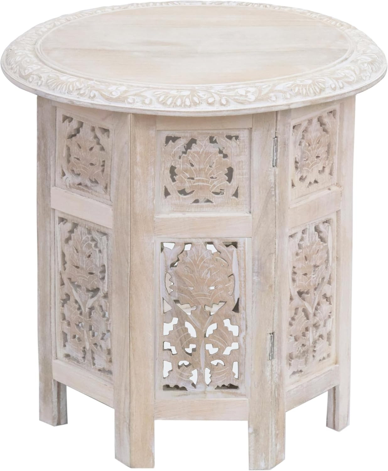 Hand-Carved Vintage Boho Folding End Table - White Wash - 18" Round