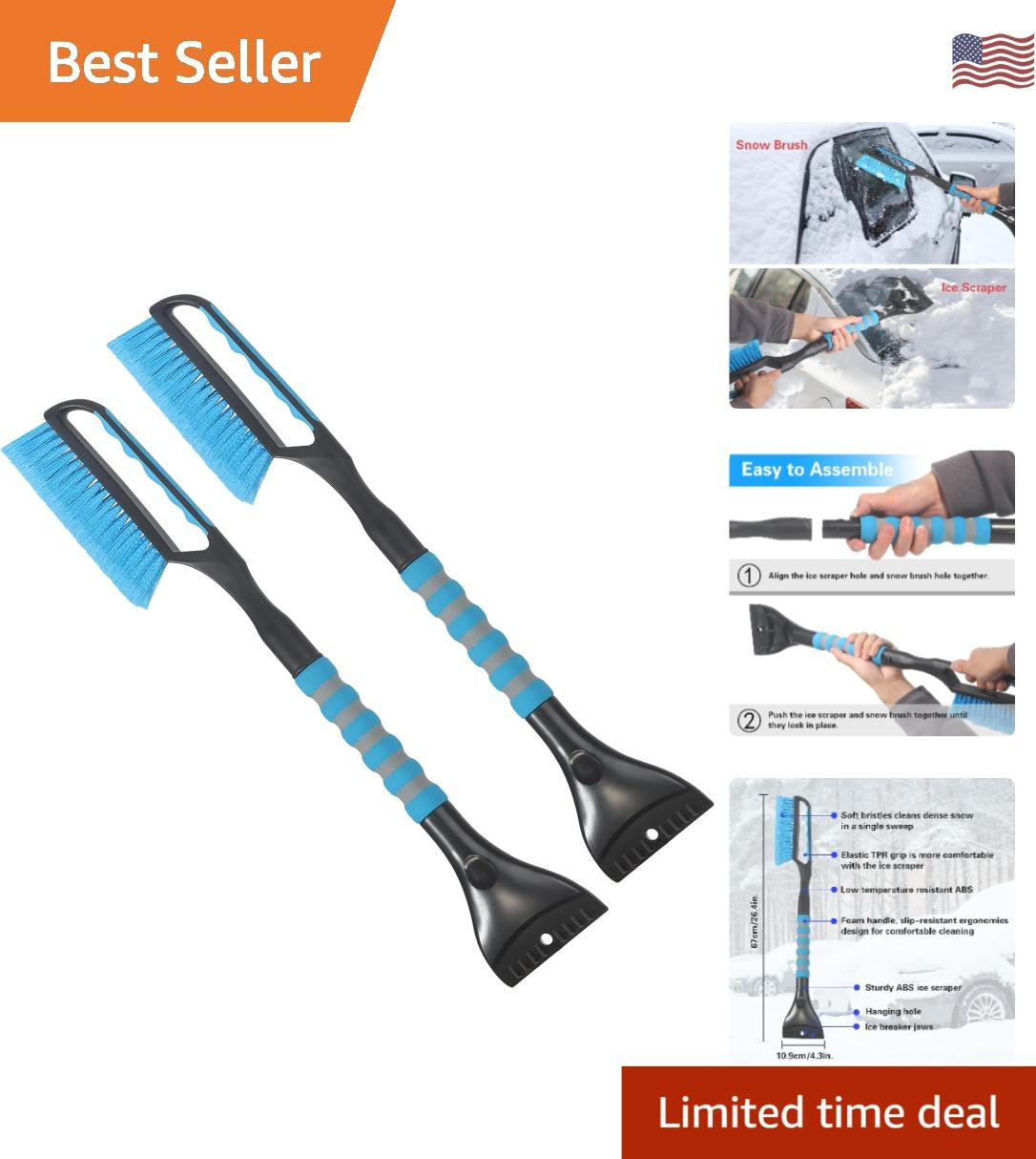 Ergonomic 26.4" Ice Scraper & Snow Brush for Vehicles - Winter Essentials