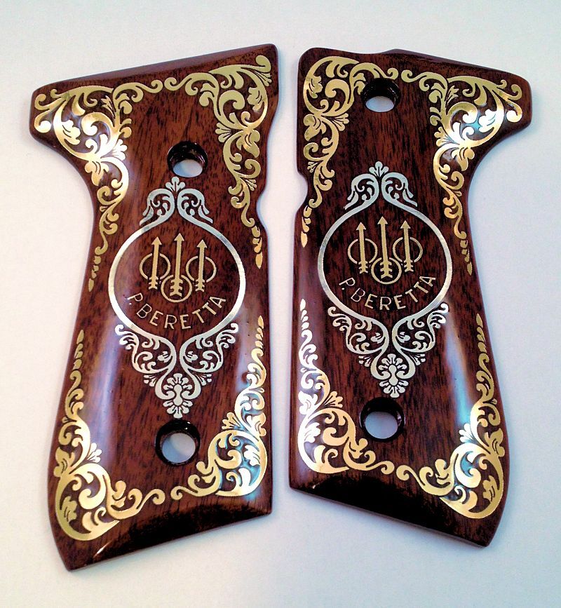 Beretta 92 92FS 96 custom engraved wood grips gold silver Trident Scroll