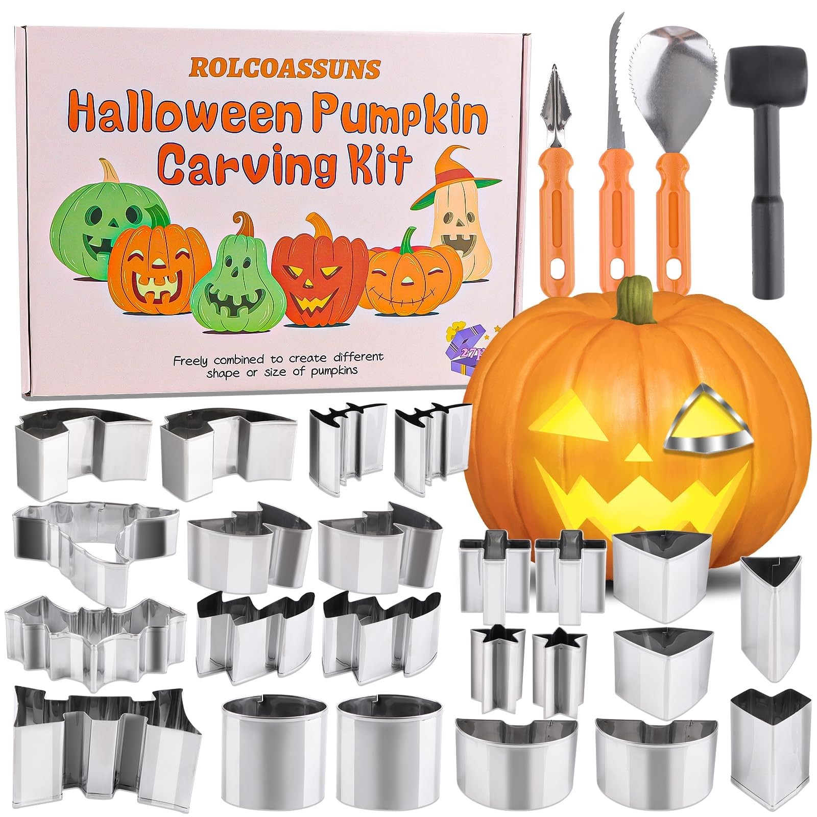 27 PCS Halloween Pumpkin Carving Kit 3 Tools 23 Stencils 1 Mallet Set