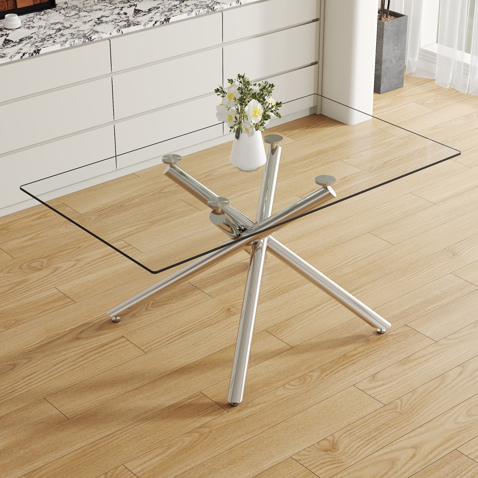 Large Modern Minimalist Rectangular Glass Dining Table with 0.39" Tempered Gla